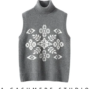 TLOML Autumn Winter Women's 100% Cashmere Knitted Waistcoat Turtleneck Jacquard Vintage Style Sleeveless Pullover Cashmere Tops - AliExpress Sweaters&Jumpers