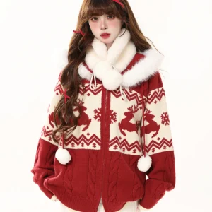 Christmas New Year Plush Hooded Sweater Fashion Sweet Retro Long Sleeve Loose Versatile Casual Knitted Cardigan for Women Winter - AliExpress Sweaters&Jumpers