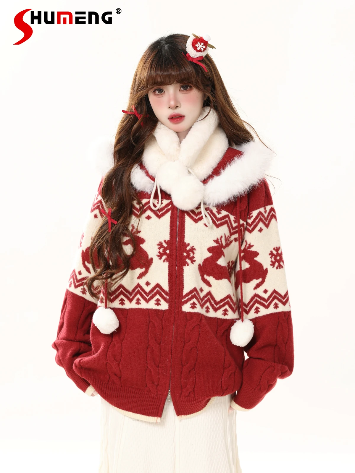 Christmas New Year Plush Hooded Sweater Fashion Sweet Retro Long Sleeve Loose Versatile Casual Knitted Cardigan for Women Winter - AliExpress Sweaters&Jumpers