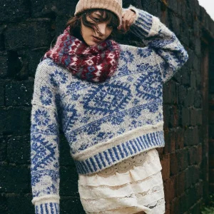 Women's Blue & White Fair Isle Knit High Neck Pullover Sweater, Loose Fit, Winter Casual - AliExpress Sweaters&Jumpers