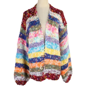 2025 Autumn And Winter V-neck Long Sleeve Knitted Cardigan Striped Retro Long Sweater Bohemian Retro Hand Crochet Knit Sweater - AliExpress Sweaters&Jumpers