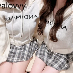 Japanese Style Women's Knitted Cardigan Letter Jacquard Zipper Knitting Long Sleeve Hooded Short Cardigan + Camisole - AliExpress Sweaters&Jumpers