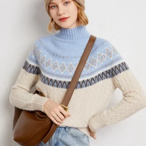 ADDONEE Women Vintage Style 100% Cashmere Sweater Faire Isle Jacquard Sweater Autumn Winter Cashmere Mock Neck Pullover - AliExpress Sweaters&Jumpers