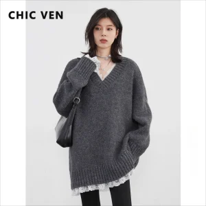 CHIC VEN Women Knit Sweater New Loose V-neck Pullovers Lace Patchwork Female Jumpers Mid Length Female Tops Autumn Winter 2024 - AliExpress Sweaters&Jumpers