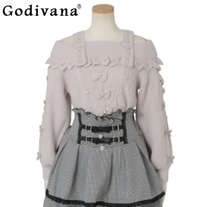 2025 Spring and Autumn Lolita Sweet Sweater Japanese Liz mine Cute Bow Off-Shoulder Knitted Pullover Women's Exquisite Sweater - AliExpress Sweaters&Jumpers