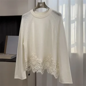 Women's sweater Spring 2026 new stretch slim fit women's long sleeved top Wool blend round neck pullover Lace patchwork Knitwear - AliExpress Sweaters&Jumpers