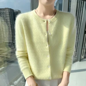 New cardigan women's 100% mink cashmere O-neck long sleeved knitted versatile simple women's full sleeved Multiple colors availa - AliExpress Sweaters&Jumpers
