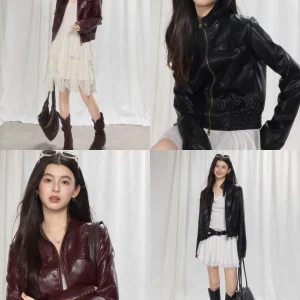 Retro ort PU Leather Jaet Women's Spring Casual Stand Collar adient Dyeing Design Youth Commute Sle Zipper Closure - AliExpress Sweaters&Jumpers