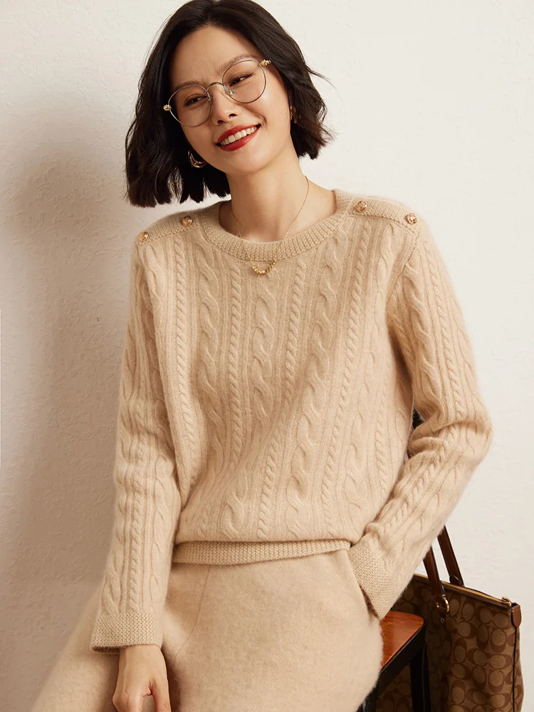 England Style Women's Sweater Pullover 100% Cashmere Sweater Autumn Winter Clothing O-Neck Casual Twist Flower Shoulder Buckle - AliExpress Sweaters&Jumpers