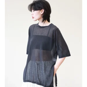 Sli Lazy Thin Linen ort Sve Knitted Sunade Cover up Women Loose round Ne Slit Layered Top Commute Sle Pure Color - AliExpress Sweaters&Jumpers