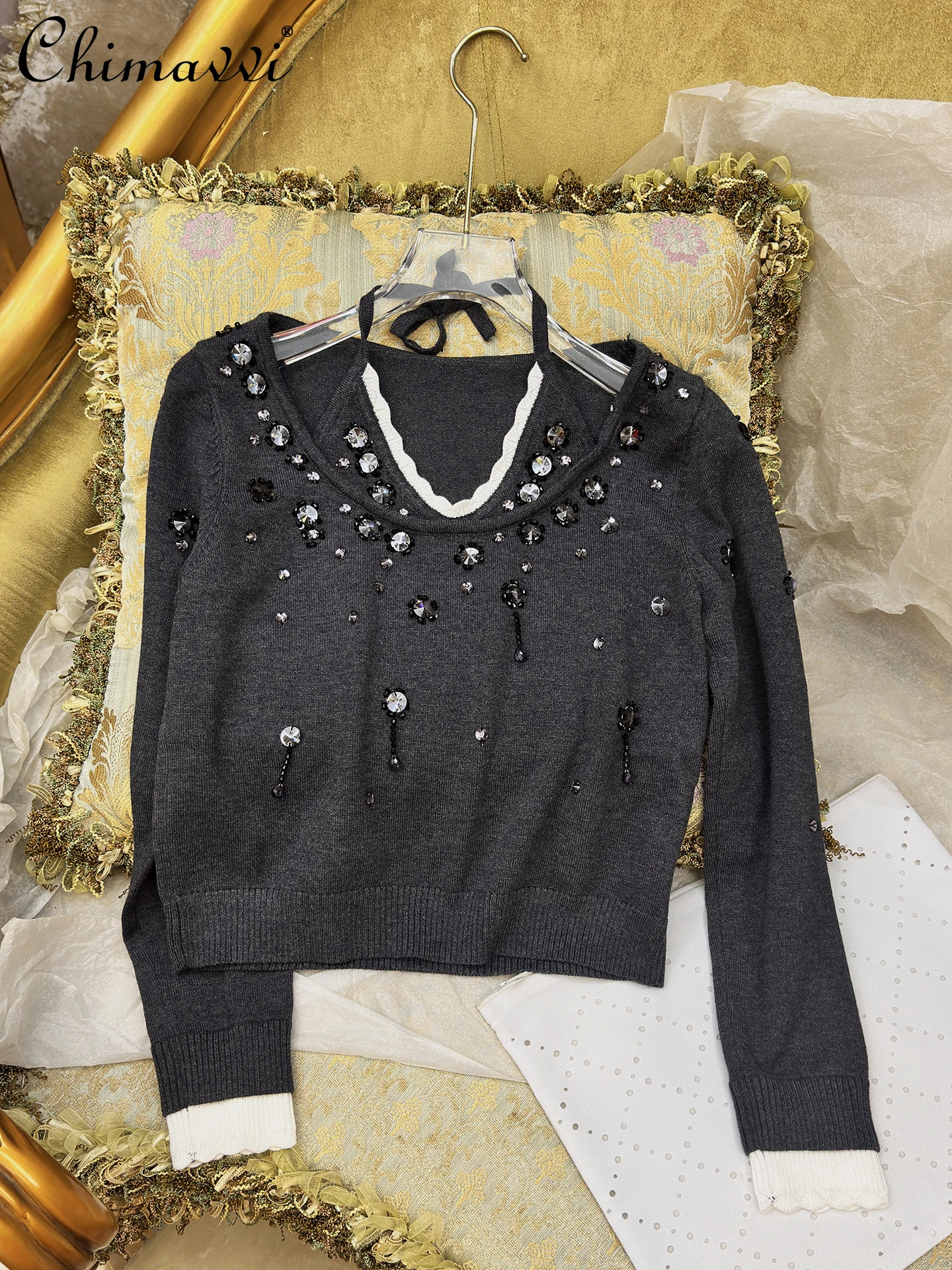 2025 Autumn New Heavy Beaded Elegant Sweet Girl Sweater Fashion Loose Color-Block Fake Two-Piece Halter Knitwear Women - AliExpress Sweaters&Jumpers