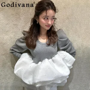 Japanese Style Gray Short Knitted Top Women's Autumn Winter Elegant Beaded Cloud Gauze Splicing Pullovers Lady Sweet Sweaters - AliExpress Sweaters&Jumpers