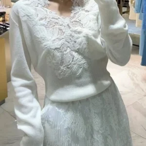 Women Wool Cashmere Blend Sweater Lace Embroidery Hollow Out V-Neck Long Sleeve Fashion Ladies Knitted Pullover - AliExpress Sweaters&Jumpers