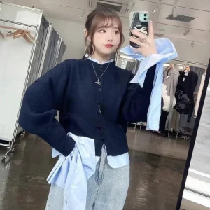 Japanese New Fake Two-piece Retro Knitted Top Women Fashion Shirt Splicing Single-breasted Slim Sweet Girl Cardigan Outerwear - AliExpress Sweaters&Jumpers