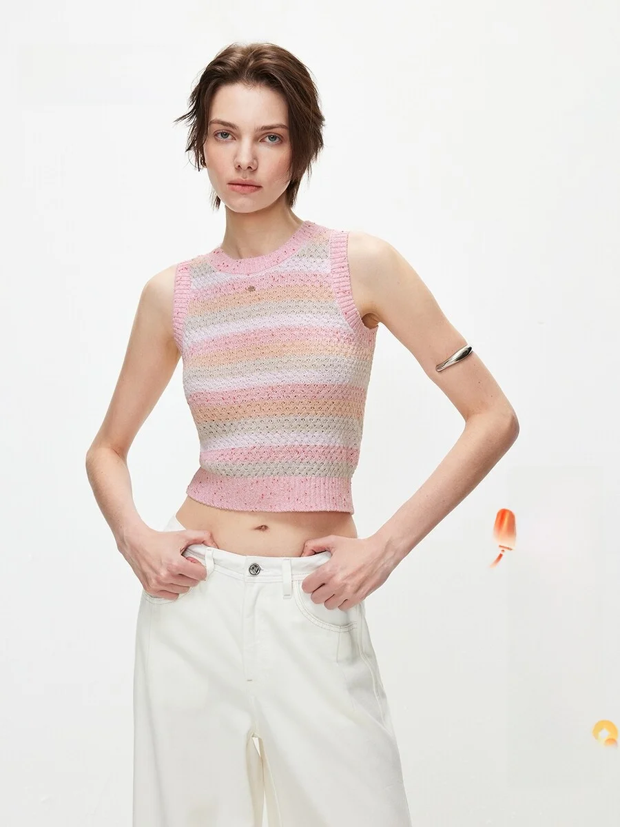 Spring 2026 Fashionable Color Block Striped Hollow out Knitted round Neck Sleeveless Vest Top Women's Polyester Blend Short L... - AliExpress Sweaters&Jumpers