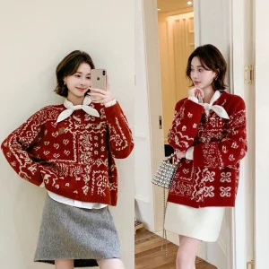 Original C Yarn Knitted Long Sve round Ne Open Cardigan Women's Spring Faion Casual Loose Fit Geometric Pattern Knitwear - AliExpress Sweaters&Jumpers