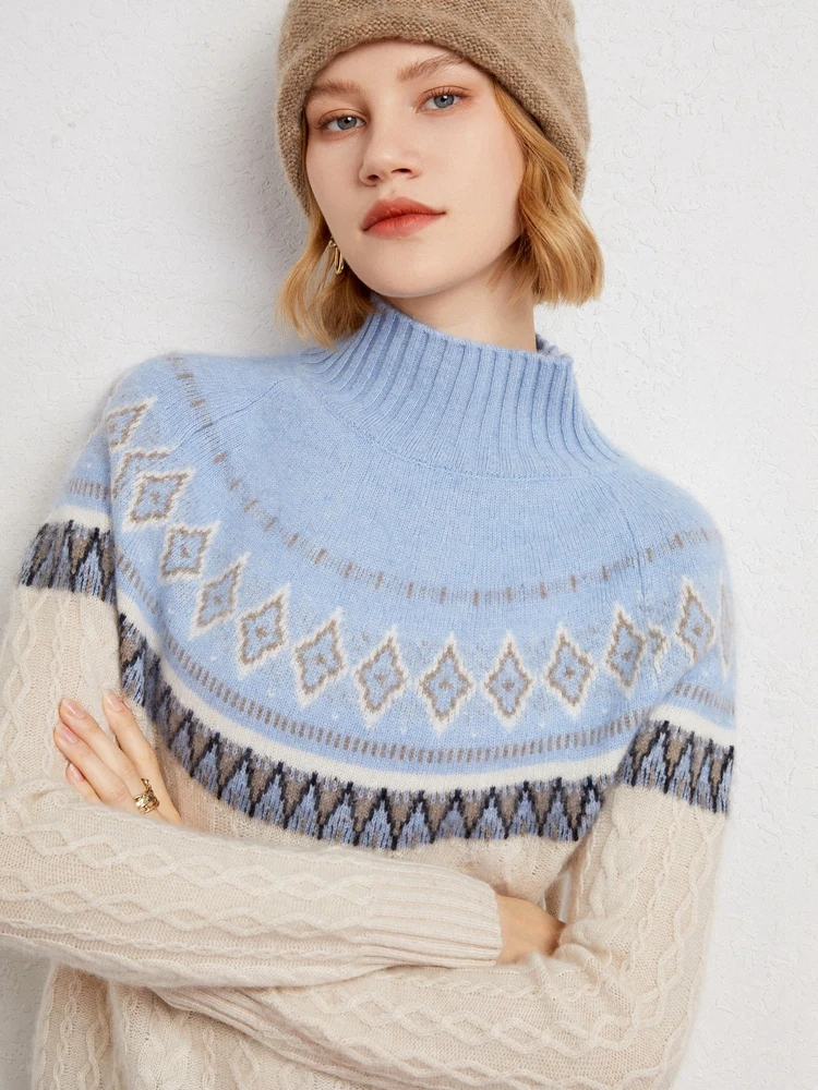 Autumn Winter 100% Cashmere Knitwear Women Ethnic Style Cashmere Sweater Faire Isle Jacquard Sweater Thick Mock Neck Pullover - AliExpress Sweaters&Jumpers