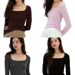 Island essence 18-pin seamless one-piece super160s gold wool French square neck sweater knitted top women - AliExpress Sweaters&Jumpers