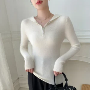 Ladies' 100% pure cashmere half open zipper pullover casual solid color knitted sweater slim fit hooded collar Tops Warm Jumper - AliExpress Sweaters&Jumpers