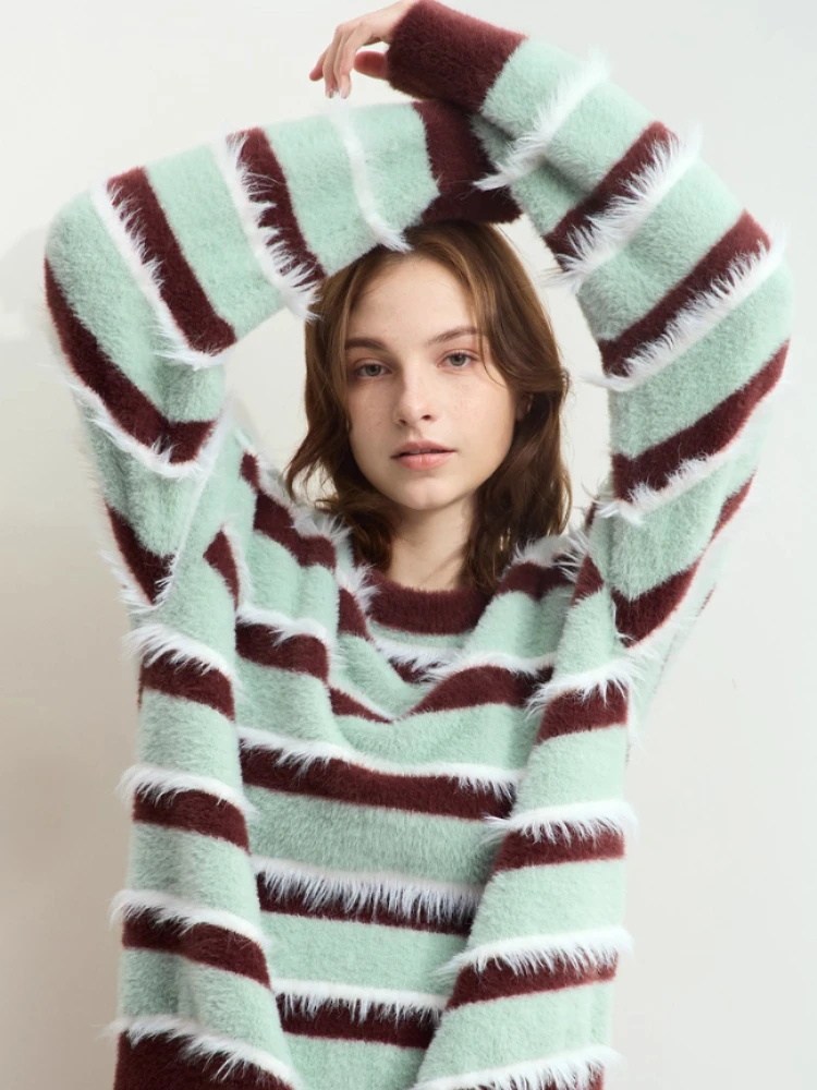 AMII Minimalist Striped Sweater Tops For Woman 2025 Winter New Casual O-Neck Long Sleeve Loose Knitting Female Sweater 12444134 - AliExpress Sweaters&Jumpers