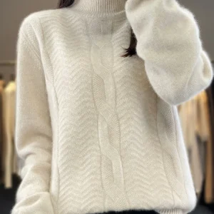 New Autumn Winter Mock Neck Stripe Women's Thickening Pullover 100% Merino Wool Knit Keep Warm Sweater Soft High Quality Tops - AliExpress Sweaters&Jumpers