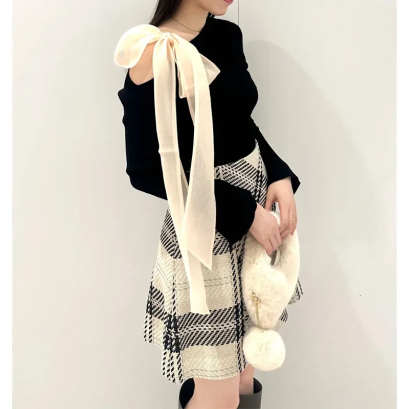 2025 early spring Japanese slanted shoulder bow thin strap horn sleeve knitted sweater - AliExpress Sweaters&Jumpers