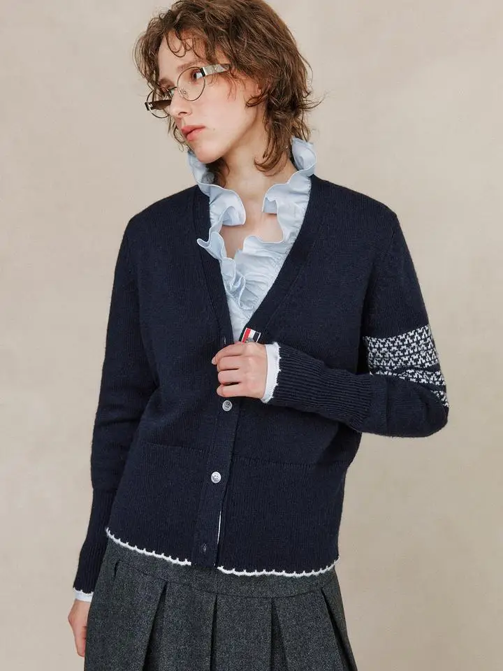 00% Wool Knitted Cardigan Sweater Soft V-Ne Long Sve College Sle Four Stripe Snowflake Doggie Embroidery Warm Daily Wear - AliExpress Sweaters&Jumpers