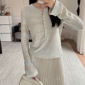 French Sle Loose Fit Knitted Sweater with Bell Sves f Open Henry Collar iny Tead Moon Pearl Floral Pattern - AliExpress Sweaters&Jumpers
