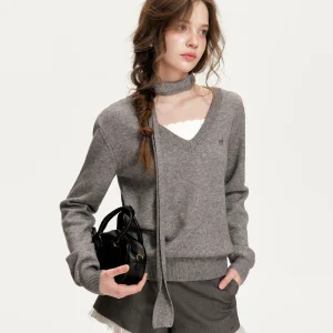Romantic Encounter Kroche 26ss  Wool Color Blo Fake Two-Piece Sweater Scarf Set V-Ne Long Sve Women's Knittedwear - AliExpress Sweaters&Jumpers