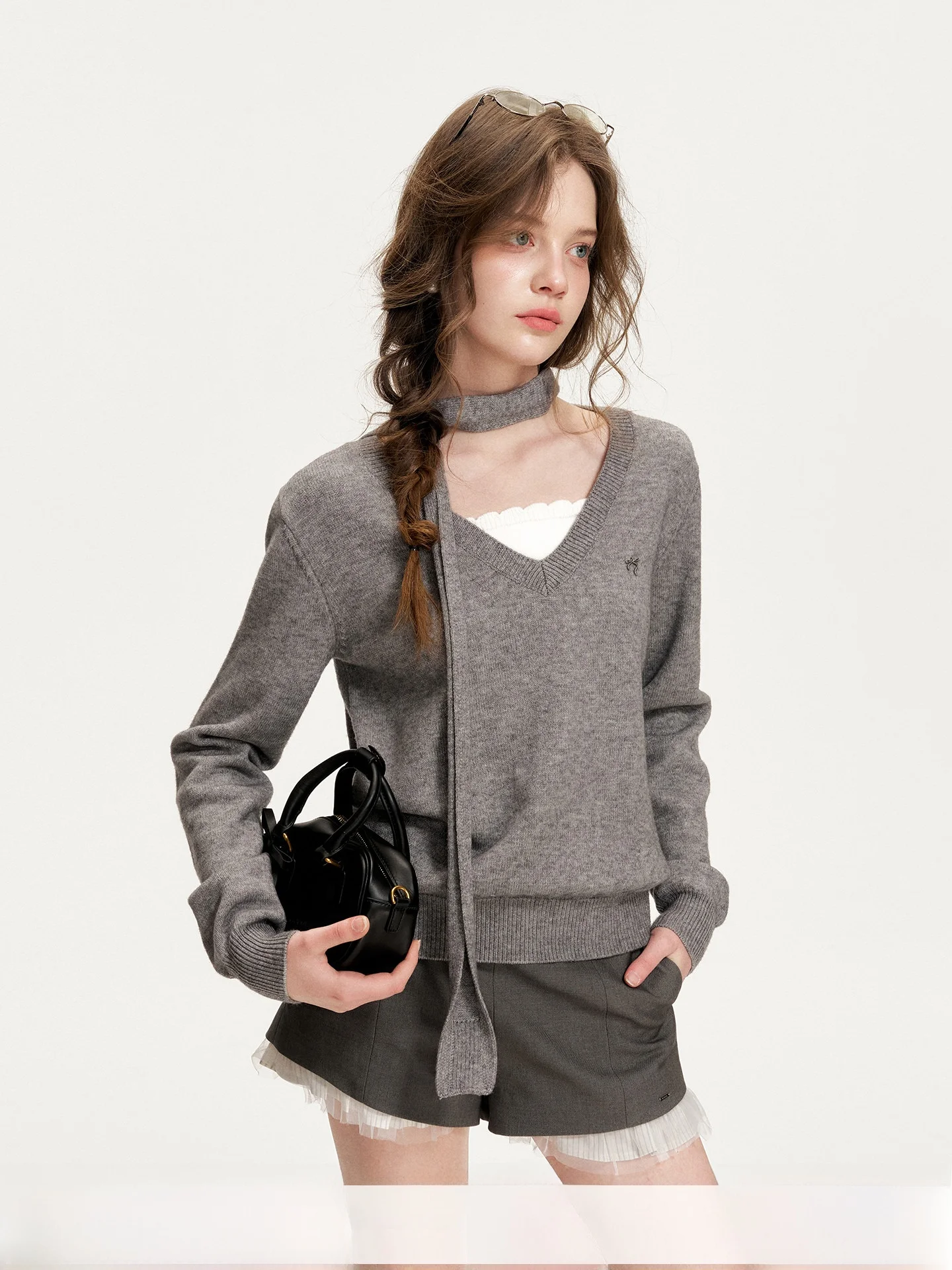 Romantic Encounter Kroche 26ss Wool Color Blo Fake Two-Piece Sweater Scarf Set V-Ne Long Sve Women's Knittedwear - AliExpress Sweaters&Jumpers