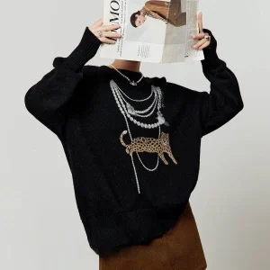 Bla Knitted Loose Fit Overhead Sweater with Embroidered Leopard Nelace Spring 2026 New Arrival Women's Faion Crew Ne - AliExpress Sweaters&Jumpers