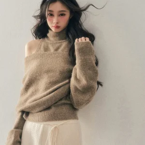 AOMALM Women's Knitted oulder-baring High-ne Sweater Two-piece Set Winter Lazy Top Ele Slim-fit Long-sve Polyester... - AliExpress Sweaters&Jumpers
