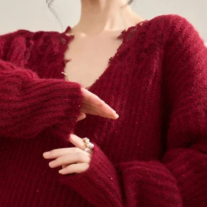 Red New Year Aosphere Lace Splicing V-ne Knitted Sweater Women Lazy Long Sve Overhead Knitwear Comfortable Commute Sle - AliExpress Sweaters&Jumpers