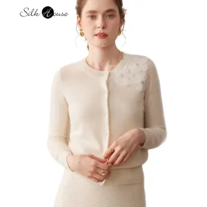 Women's Autumn/Winter New 70% Wool 30% Cashmere Round Neck Long Sleeved Cardigan Pearl Flower Design Sweater - AliExpress Sweaters&Jumpers