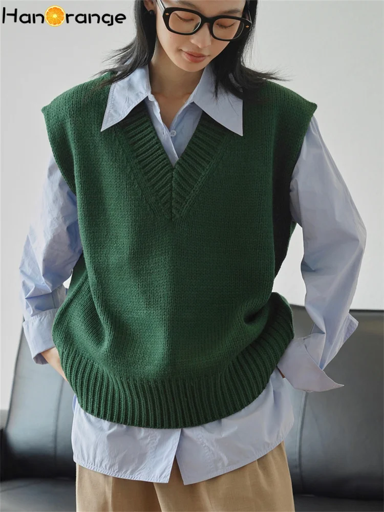 HanOrange 2024 Spring Fashion Lazy V-Neck Knitted Vest Women Loose Inner Layer Casual Sleeveless Tank Female Apricot/Dark Green - AliExpress Sweaters&Jumpers