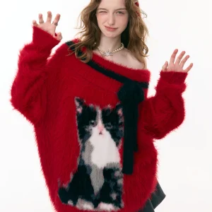 ZiziFei Cisas New Year  Pattern Red Sweater Women's Loose Fit Long Sve  Knot Vintage Sle Fce Knitwear - AliExpress Sweaters&Jumpers