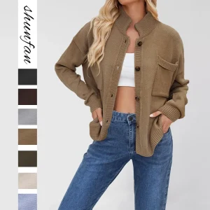 2025 hot selling knitted outerwear stand up collar plus size sweater solid color cardigan women's fashion casual basic top - AliExpress Sweaters&Jumpers
