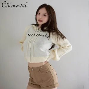 Japanese Fashion Letter Jacquard Zipper Knitted Long Sleeve Hooded Short Cardigan Camisole 2Piece Set Autumn Women's Clothing - AliExpress Sweaters&Jumpers