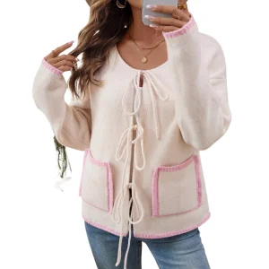 Contrasting color bow tie  cross-border 2025 autumn and winter sweater casual loose long-sleeved pocket knitted sweater top - AliExpress Sweaters&Jumpers