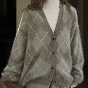 Winter new Korean retro fashionable diamond grid V-neck cashmere knitted cardigan with loose silhouette for women - AliExpress Sweaters&Jumpers