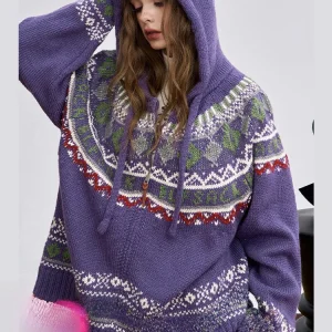 Elfsa Women's Hooded Woolen Sweater Fair Isle Pattern Winter Lazy Sle Long Sve Loose Fit Cardigan Purple Color - AliExpress Sweaters&Jumpers