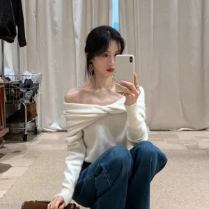 Korean Sle oulder Bared Sweater Women's New Spring 2026 Bear Fur Knot Aosphere Personali Top Loose Fit Long Sve - AliExpress Sweaters&Jumpers
