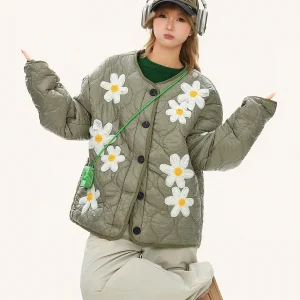 Ladies Thiened Cotton Jaet Floral Patchwork Embroidered Casual Sle Stand Fit Winter Warm Outerwear Button Closure - AliExpress Sweaters&Jumpers