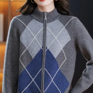 Retro Geometric Loose Pure Wool Knitted Cardigan Women's Autumn Winter Stand Collar Camere Sweater Jaet Faion Anti-aging - AliExpress Sweaters&Jumpers