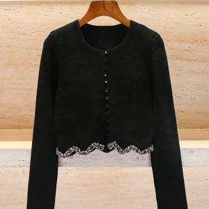 Black Knitted Open Cardigan Coat with Diamond Decoration High-End Women's Fashion Small Fragrance Style Autumn Winter Outerwear - AliExpress Sweaters&Jumpers
