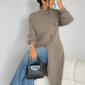 Women's Asymmetrical Knit Sweater with High Neck and Buttons, Long Sleeve Casual Fall Winter Pullover - AliExpress Sweaters&Jumpers
