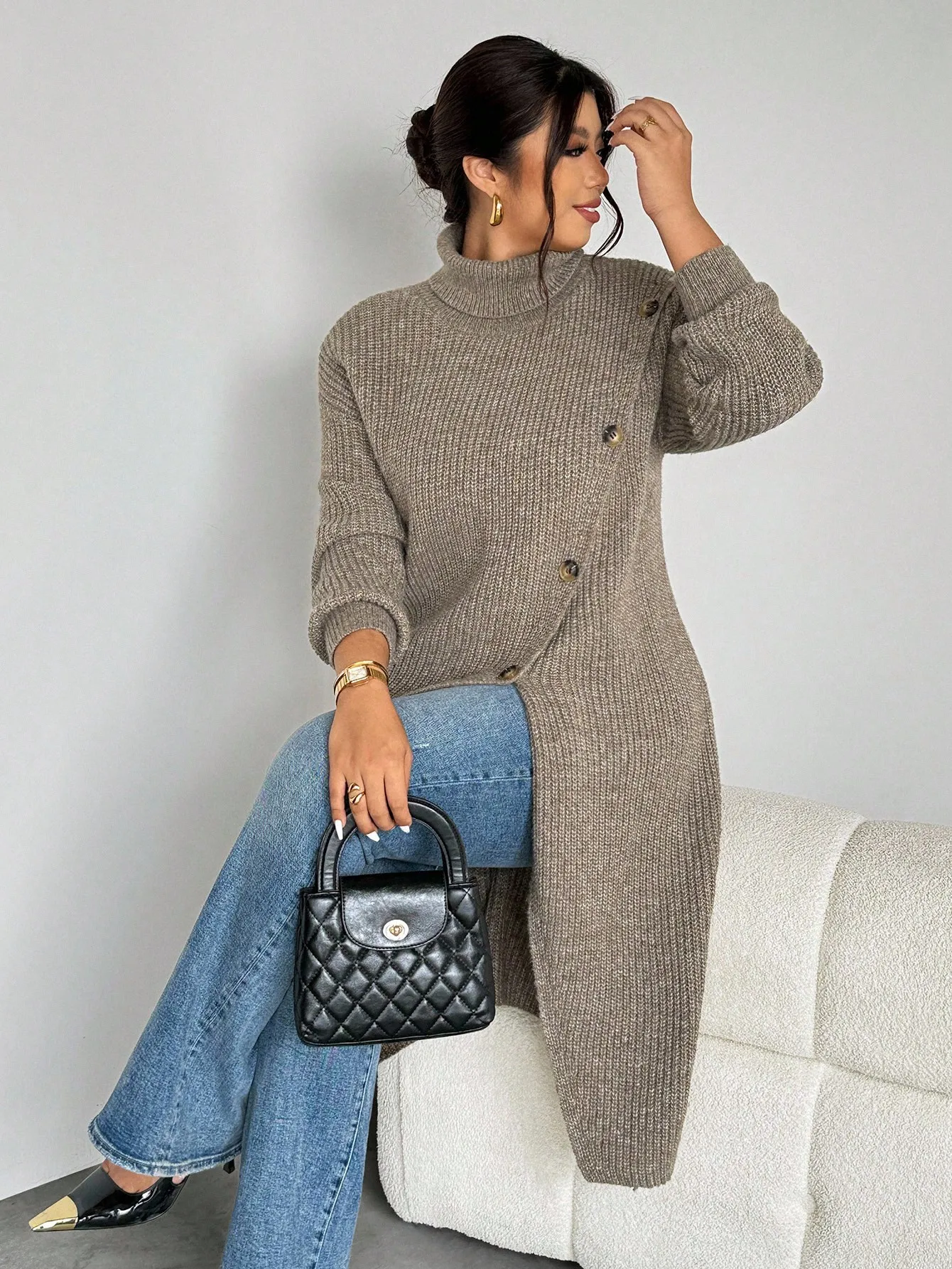 Women's Asymmetrical Knit Sweater with High Neck and Buttons, Long Sleeve Casual Fall Winter Pullover - AliExpress Sweaters&Jumpers
