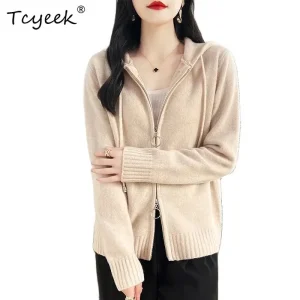 Tcyeek, 100%Pure Wool Elegant Hooded Cardigan, Women Long Sleeve Zipper, Casual Loose Knit Sweater Coat, Fall Winter T48265QC - AliExpress Sweaters&Jumpers