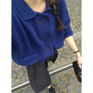 Ele Gentle East Gate 26 Autumn Turn-down Collar Double-breasted Turquoise Wool Knitted Open Cardigan Women's Faion - AliExpress Sweaters&Jumpers
