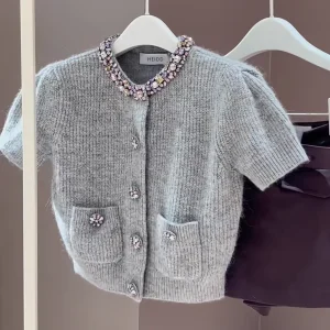 Heavy Work ey Knitted ort Sve Slim Fit Top with Water Diamond Decoration Women's Faion Autumn Winter Cardigan - AliExpress Sweaters&Jumpers